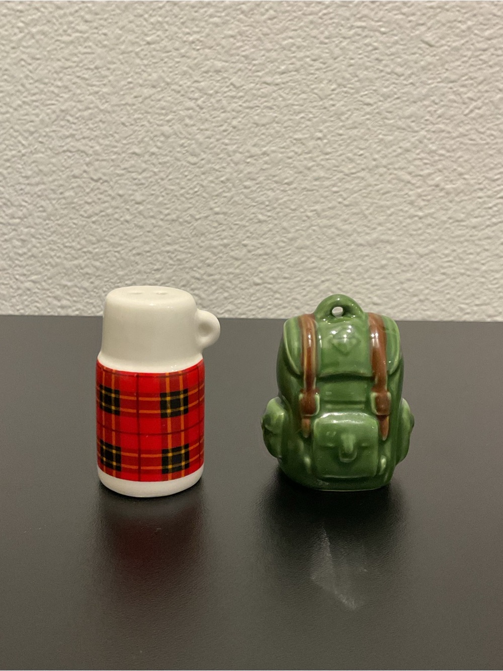 Cracker Barrel Red Plaid Thermos and Green Backpack Ceramic Shakers